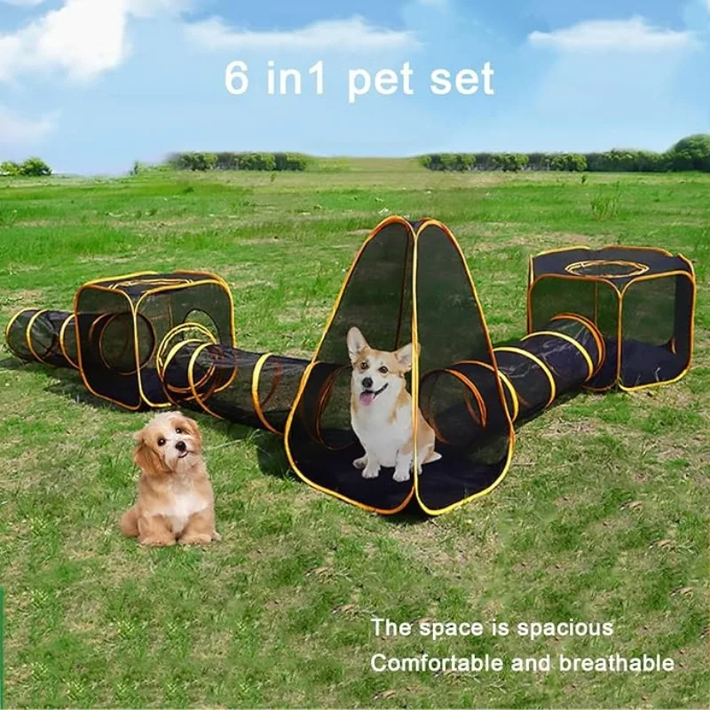 Outdoor Camping Dog Fence - Enclos pour chats 6-en-1 avec tunnel,